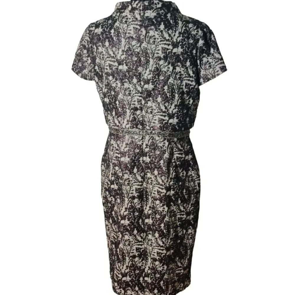 Badgley Mischka Size 14 Purple Floral Leaf Print Cocktail Midi Dress - Picture 2 of 7